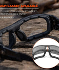 Side view of Skullerz Odin Safety Glasses Matte Black with Anti Fog Smoke Lens showcasing foam gasket feature for debris reduction.
