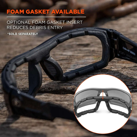 Side view of Skullerz Odin Safety Glasses Matte Black with Anti Fog Smoke Lens showcasing foam gasket feature for debris reduction.
