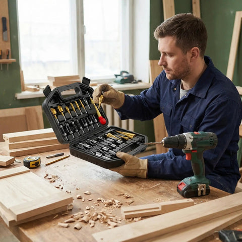 Man holding Top Shelf 26 Piece Woodworking Drill Bit Set With Heavy Duty HSS Step Bits, tools in case on workbench.