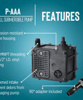 Compact 120 GPH Submersible Water Pump With Six Foot Cord For Fountains And Hydroponic Systems Plug And Play Setup Built Tough Glass Filled Nylon Housing Smooth Oil Filled Motor Works Like A Charm - features image