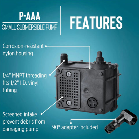 Compact 120 GPH Submersible Water Pump With Six Foot Cord For Fountains And Hydroponic Systems Plug And Play Setup Built Tough Glass Filled Nylon Housing Smooth Oil Filled Motor Works Like A Charm - features image
