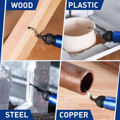 WORKPRO deburring tool with 11 replacement blades and 360° rotary head; deburrs wood, plastic, steel, and copper