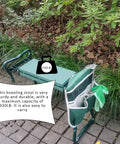 Built Tough Garden Kneeler And Seat Foldable Stool shown in garden setting with large tool pouch and storage bag attached