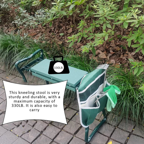 Built Tough Garden Kneeler And Seat Foldable Stool shown in garden setting with large tool pouch and storage bag attached