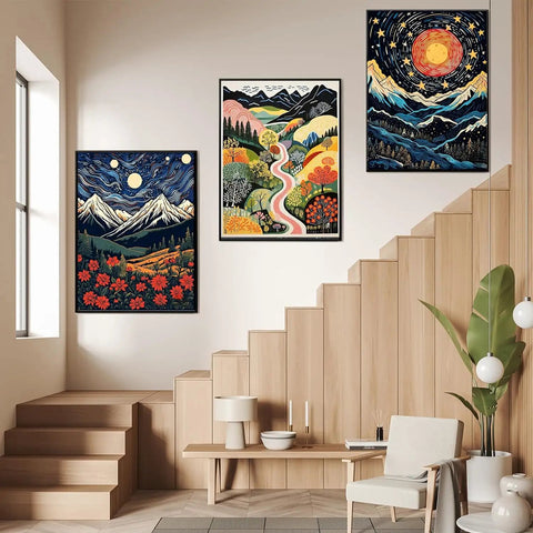 Six Pack Landscape Abstract 5D Diamond Painting Kits For Adults Beginners DIY Home Wall Decor Gift Set canvases displayed on stairs