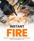 Hands using Rugged 5-In-1 Glow-In-The-Dark Fire Starter Kit With Compass, Signaling Mirrors And Whistle, Magnesium Ferro Rods to ignite fire
