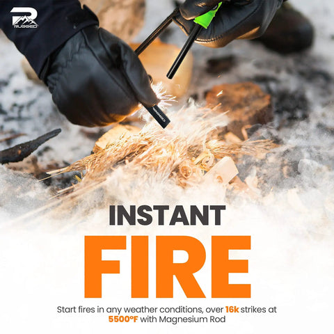 Hands using Rugged 5-In-1 Glow-In-The-Dark Fire Starter Kit With Compass, Signaling Mirrors And Whistle, Magnesium Ferro Rods to ignite fire