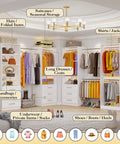 The Real Deal Walk In Closet Organizer System Featuring Four Modular Units, showing organized clothing, shoes, and accessories in crisp white.