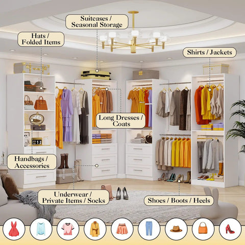 The Real Deal Walk In Closet Organizer System Featuring Four Modular Units, showing organized clothing, shoes, and accessories in crisp white.