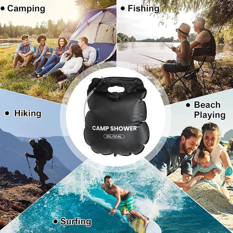 Collage showing outdoor activities with 20L Capacity Heated Camp Shower Bag With Hose for Camping and Road Trips, center focus.
