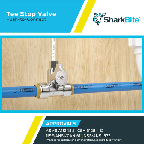 Installed Brass Push Tee Stop Valve 1/2 Inch By 1/2 Inch By 1/4 Inch Compression Fitting on blue pipe