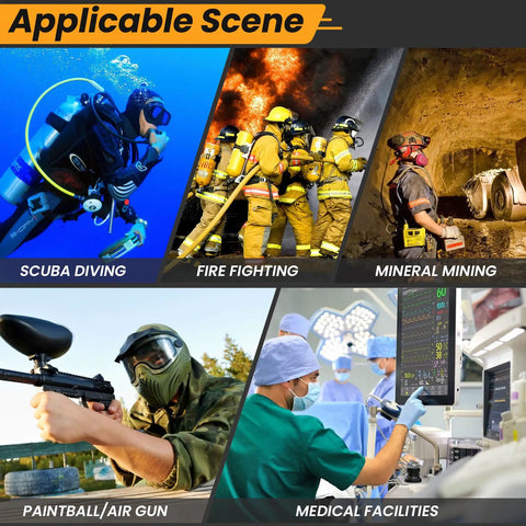 Collage of applications for High Pressure Valve Adapter For Scuba And Paintball Fill Stations including diving, firefighting, mining, and medical use.