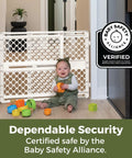 Recycled Plastic Baby Gate Pressure Mounted Doorway Safety Barrier Indoor Outdoor Use No Hassle Setup, with a baby playing behind it.