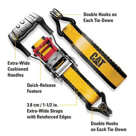 Close-up of Heavy Duty Ratchet Tie Down Straps 4 Pack 16 Ft By 1.5 Inches with rubber soft J hooks and quick-release feature.