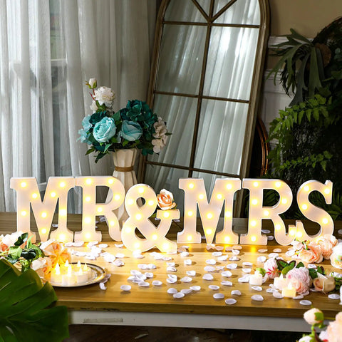 Mr And Mrs LED Light Up Sign 8.4 Inch With 12 Flameless Candles, 300 Artificial Rose Petals, Neon Mr And Mrs Sign For Wedding Table Decor