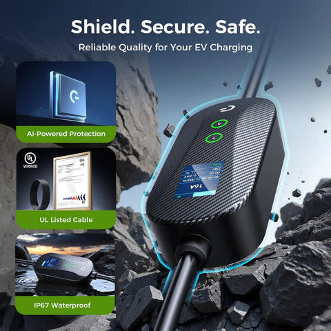 Tesla Portable Electric Vehicle Charger Level 1 And Level 2 Mobile Wall Connector With 16A Adjustable Amperage And Smart Timer Cord For Cybertruck Model 3 Y and features AI protection and waterproof design.