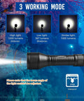 Dive Light 1000 Lumens For Scuba Night Dives IP68 Waterproof Underwater Torch showing high, low, and strobe modes