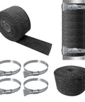 2 Pack Fireproof Pipe Wrap Insulation 2 Inch Wide 16 Feet Long Fiberglass Heat Shield Tape Pipe Webbing For Stove Flue Protector Includes 4 Clamps Black image with rolls and clamps
