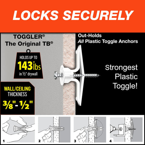 Residential Drywall Anchor With Polypropylene Body For 3/8 To 1/2 Inch Drywall Made In USA For Screws Sizes 6 To 14 Provides Secure Hold And Simple One Person Installation Pre Attaches To Wall Great For Shelves Mirrors Artwork Pack Of 100 illustration showing installation.