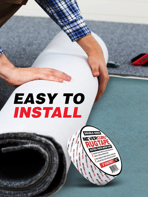 Man using Double Sided Carpet Tape With Mesh Fabric For Extra Thick Hold 2 Inch By 60 Feet Rug Tape Anti Slip Non Skid Gripper