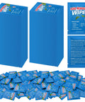 Stacks of individually wrapped blue packets of 100 Pack Lead Remover Wipes for Shooting Ranges and Industrial Cleaning.