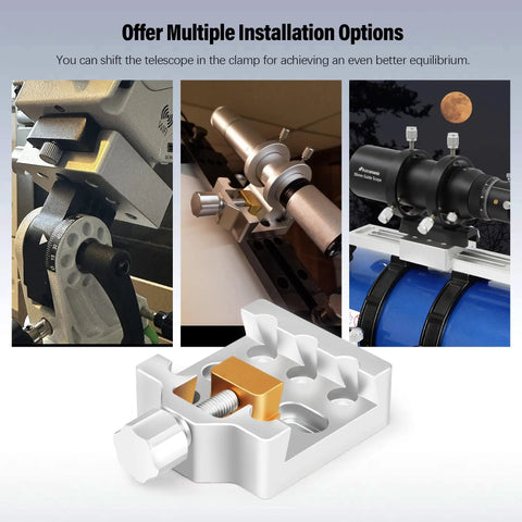 Medium Dovetail Clamp With Brass Screw Mount Plate for Telescopes on Tripod, showcasing various installation options.