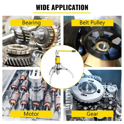 Top Tier Hydraulic Gear Puller Set With Built In Relief Valve For Knocking Off Stubborn Wheel Bearings And Hub Separation Using Three Jaws Adjustable Grippers Inside Portable Carry Case For Quick Fix Garage Projects Done Right Now shown on bearing, pulley, motor, gear