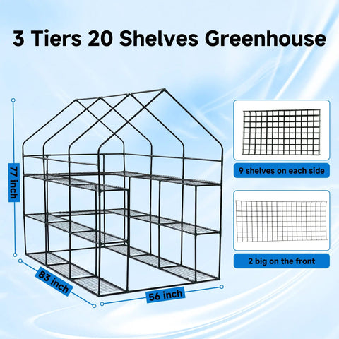 Walk In Outdoor Greenhouse With 56 By 85 Inch Footprint And 77 Inch Height, Portable Garden House With Three Tiers And Twenty Shelves For Plants, Veggies, Flowers, Patio Or Backyard Use White Finish