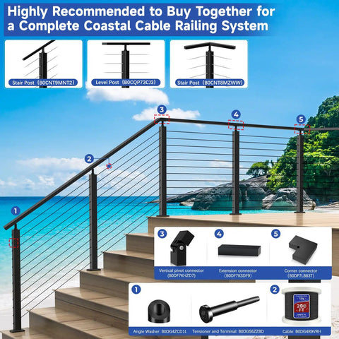 20 Pack 0.35 Inch Inner Diameter T316 Marine Grade Stainless Steel Angle Beveled Washers With 33 Degree Bevel For Five Sixteenth Inch Cable Railing Hardware Aluminum Rugged Outdoor Ready End Posts Black shown in coastal cable railing setup.