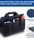 Heavy Duty Tool Tote Bag With Waterproof Plastic Base 16 Inch Multi Pocket Organizer With Shoulder Strap For Pros And DIYers Black And Blue Tool Storage For Home Garage Workshop front view