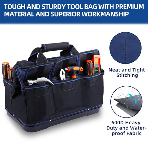 Heavy Duty Tool Tote Bag With Waterproof Plastic Base 16 Inch Multi Pocket Organizer With Shoulder Strap For Pros And DIYers Black And Blue Tool Storage For Home Garage Workshop front view
