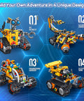 Rad 4 In 1 Robotic Building Kit for Kids and Adults showing four designs: RC Bot, Scorpion Crane, Engineering Grader, Scout Tank