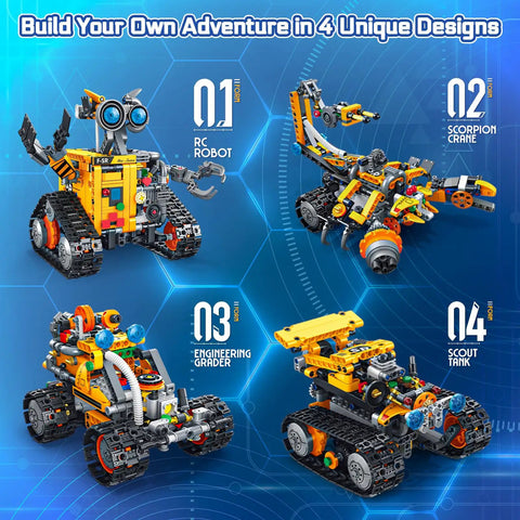 Rad 4 In 1 Robotic Building Kit for Kids and Adults showing four designs: RC Bot, Scorpion Crane, Engineering Grader, Scout Tank