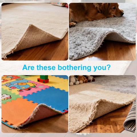 Curled rug corners on hardwood floor needing Eight Pack Triangle Rug Tape Non Slip Double Sided Grippers for rugs no residue no damage