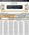Diagram showing installation and dimensions for Heavy Duty Full Extension Drawer Slides Side Mount Ball Bearing Rails 12 to 40 Inch 220 Lb Capacity No Lock Pair for Smooth Glide in Cabinets and Drawers.