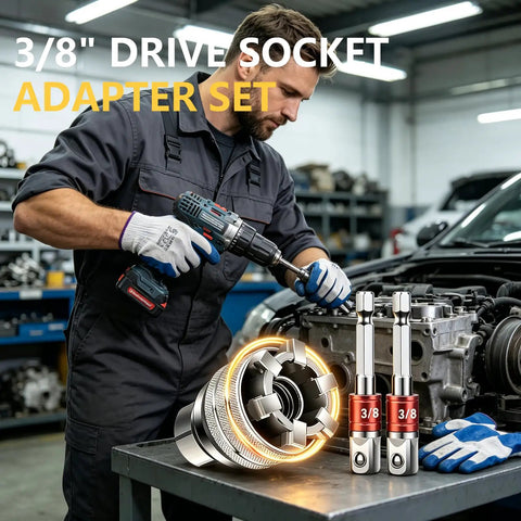 Two Pack Adjustable Universal Socket Wrench Tool Set Featuring 10mm To 19mm Adapters on a workbench with a mechanic using a drill.