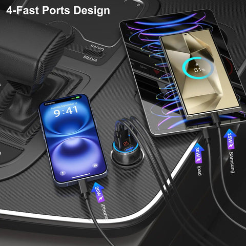 Top Tier 65W 4 Port Usb C Car Charger 3 Pack With Digital Voltmeter PD 30W Quick Charge in car charging devices for smartphones.