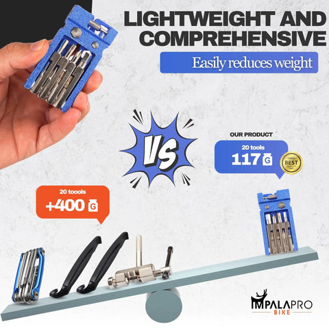 Comparison of Lightweight 20 In 1 Bike Multitool Kit With Chain Breaker for MTB Repairs against heavier alternatives.