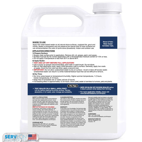 Premium Natural Stone And Patio Sealer For Concrete Slabs And Brick Walls Water Based Clear Repellent on gallon container with instructions.