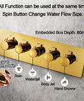 Top Shelf Thermostatic Shower System With Bumpin Bluetooth Music And Lit 64 Color LED Display Concealed PVD Gold Trim Kit featuring brass control knobs and functions.