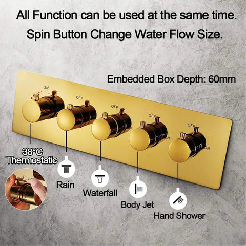 Top Shelf Thermostatic Shower System With Bumpin Bluetooth Music And Lit 64 Color LED Display Concealed PVD Gold Trim Kit featuring brass control knobs and functions.