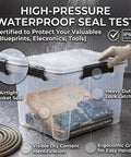 Kickass Heavy Duty 19 Quart Storage Bin With Airtight Gasket Lid Clear Stackable Plastic Crate protecting contents from water test.