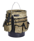 Waxed Canvas Tool Bucket Organizer For A 5 Gallon Bucket Heavy Duty Build With 58 Pockets Inside And Outside Pouches Rugged Worksite Organizer For Tools Bits Fasteners And Accessories Ready For Any Job displayed in tan color with multiple pockets.