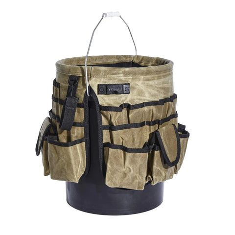 Waxed Canvas Tool Bucket Organizer For A 5 Gallon Bucket Heavy Duty Build With 58 Pockets Inside And Outside Pouches Rugged Worksite Organizer For Tools Bits Fasteners And Accessories Ready For Any Job displayed in tan color with multiple pockets.