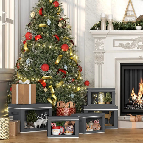 Dark Grey 3 Pack Fabric Storage Bins With Lid And Peek Window Collapsible Closet Organizers Tough Handle crates under Christmas tree