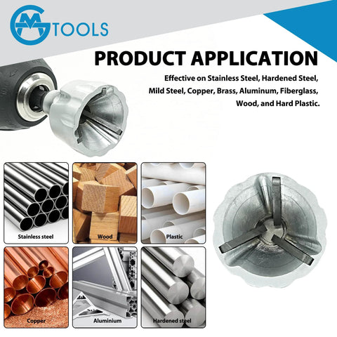 GMTOOLS deburring external chamfer tool with YG8 carbide blade; quick-release shank; shown stainless tubes, copper.