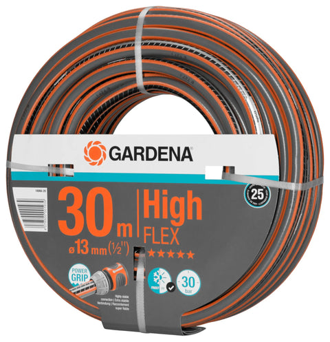 Product packaging for 30m high flex hose with 13mm diameter, features Power Grip and High Flex technology by Gardena.