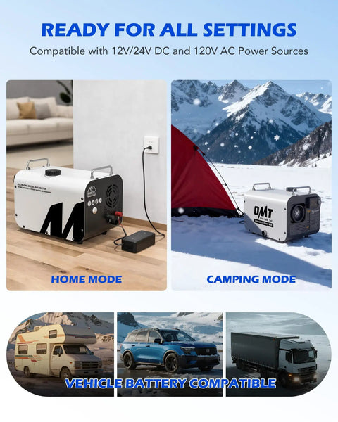Portable 8KW Diesel Air Heater With Bluetooth Remote And CO Detector For RV Workshop Camper Van Dual Voltage 12V 24V DC shown in home and camping settings.