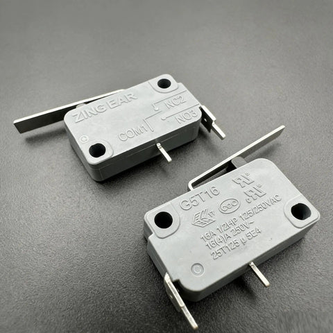 Two G5T16 Normally Open Micro Switches With Lever, 2 Pin, 16A 125 to 250V AC, showcasing silver contacts and heavy duty design.