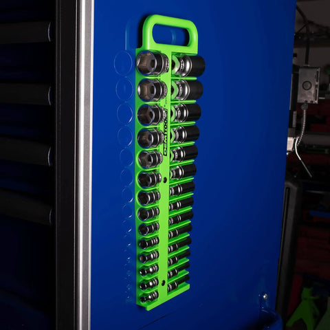 3/8 Inch Drive Magnetic Socket Organizer Tray Holds Up To 28 Sockets, Deep Tray With Secure Magnetic Grip For Toolbox, Shop Or Garage, Metric And SAE Sockets, Portable Green